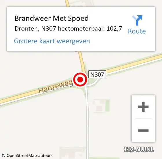 Locatie op kaart van de 112 melding: Brandweer Met Spoed Naar Dronten, N307 hectometerpaal: 102,7 op 7 oktober 2023 20:48