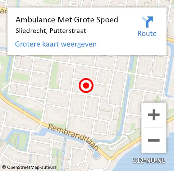 Locatie op kaart van de 112 melding: Ambulance Met Grote Spoed Naar Sliedrecht, Putterstraat op 7 oktober 2023 22:33