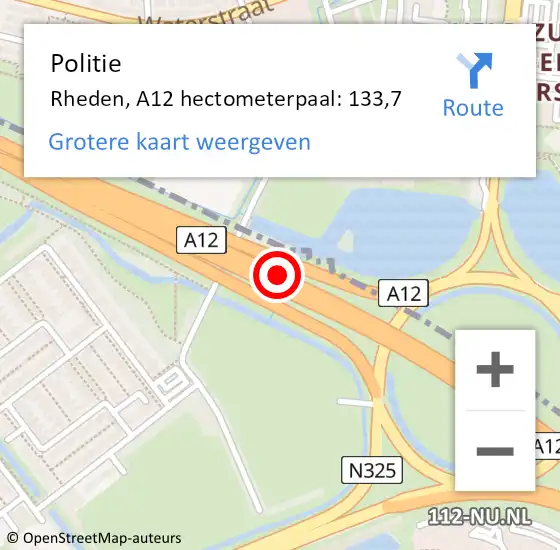 Locatie op kaart van de 112 melding: Politie Rheden, A12 hectometerpaal: 133,7 op 8 oktober 2023 00:39