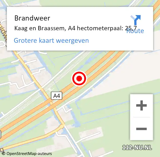 Locatie op kaart van de 112 melding: Brandweer Kaag en Braassem, A4 hectometerpaal: 25,7 op 8 oktober 2023 10:09