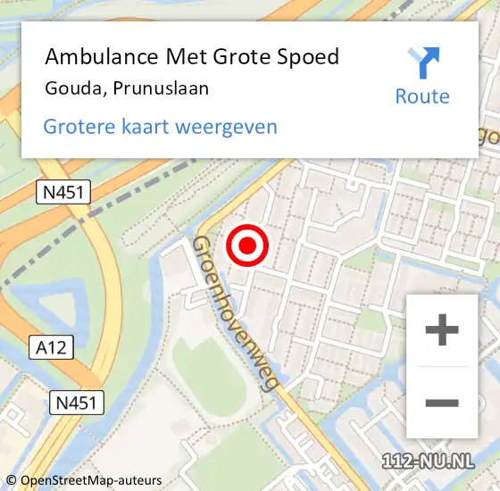 Locatie op kaart van de 112 melding: Ambulance Met Grote Spoed Naar Gouda, Prunuslaan op 8 oktober 2023 12:36