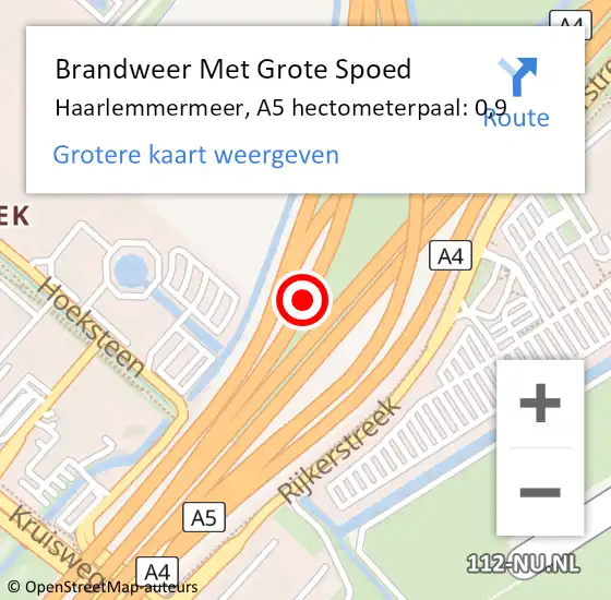 Locatie op kaart van de 112 melding: Brandweer Met Grote Spoed Naar Haarlemmermeer, A5 hectometerpaal: 0,9 op 8 oktober 2023 14:56