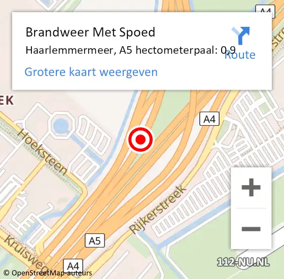 Locatie op kaart van de 112 melding: Brandweer Met Spoed Naar Haarlemmermeer, A5 hectometerpaal: 0,9 op 8 oktober 2023 15:34