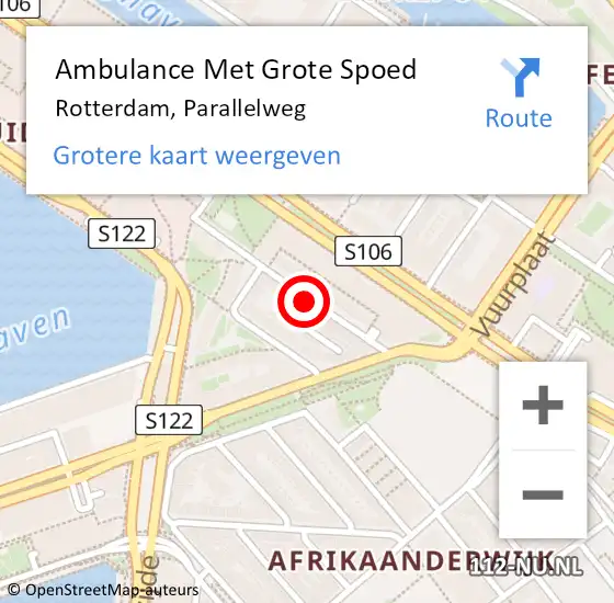 Locatie op kaart van de 112 melding: Ambulance Met Grote Spoed Naar Rotterdam, Parallelweg op 8 oktober 2023 16:30