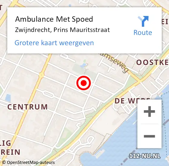 Locatie op kaart van de 112 melding: Ambulance Met Spoed Naar Zwijndrecht, Prins Mauritsstraat op 8 oktober 2023 16:54