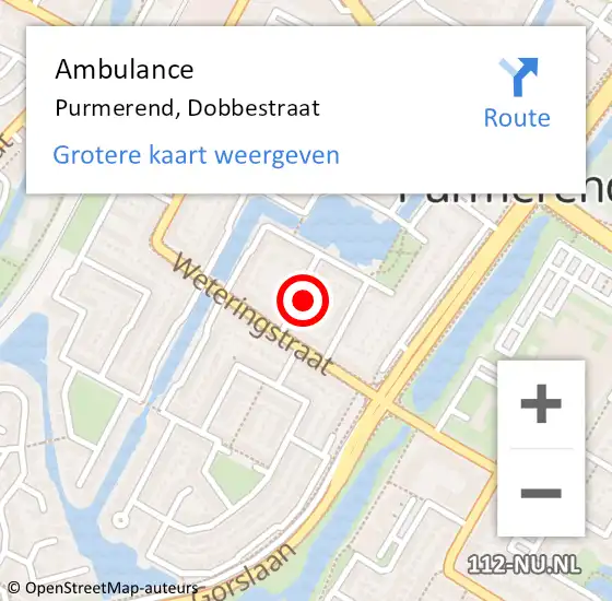 Locatie op kaart van de 112 melding: Ambulance Purmerend, Dobbestraat op 8 oktober 2023 19:05