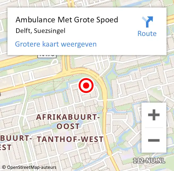 Locatie op kaart van de 112 melding: Ambulance Met Grote Spoed Naar Delft, Suezsingel op 8 oktober 2023 19:46