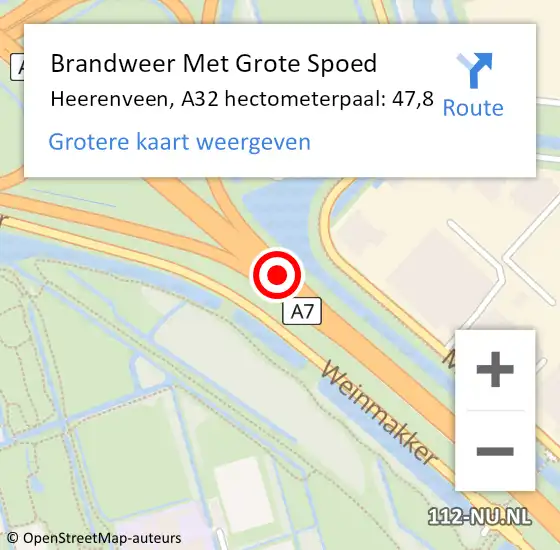 Locatie op kaart van de 112 melding: Brandweer Met Grote Spoed Naar Heerenveen, A32 hectometerpaal: 47,8 op 8 oktober 2023 22:13