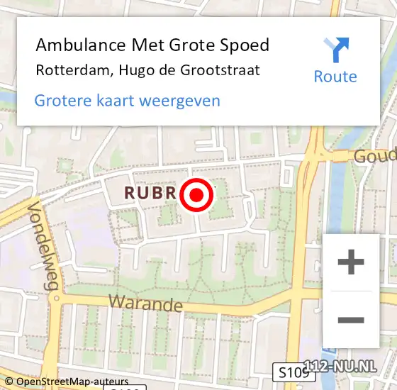 Locatie op kaart van de 112 melding: Ambulance Met Grote Spoed Naar Rotterdam, Hugo de Grootstraat op 9 oktober 2023 01:03