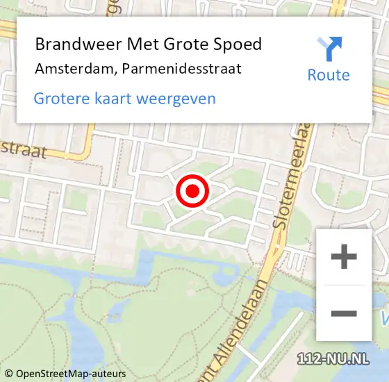 Locatie op kaart van de 112 melding: Brandweer Met Grote Spoed Naar Amsterdam, Parmenidesstraat op 9 oktober 2023 03:39
