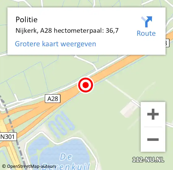Locatie op kaart van de 112 melding: Politie Nijkerk, A28 hectometerpaal: 36,7 op 9 oktober 2023 07:39
