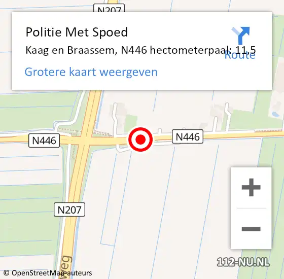Locatie op kaart van de 112 melding: Politie Met Spoed Naar Kaag en Braassem, N446 hectometerpaal: 11,5 op 9 oktober 2023 07:45
