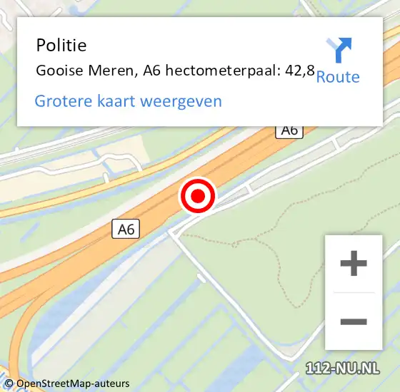 Locatie op kaart van de 112 melding: Politie Gooise Meren, A6 hectometerpaal: 42,8 op 9 oktober 2023 07:59