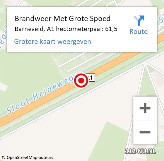 Locatie op kaart van de 112 melding: Brandweer Met Grote Spoed Naar Barneveld, A1 hectometerpaal: 61,5 op 9 oktober 2023 08:37