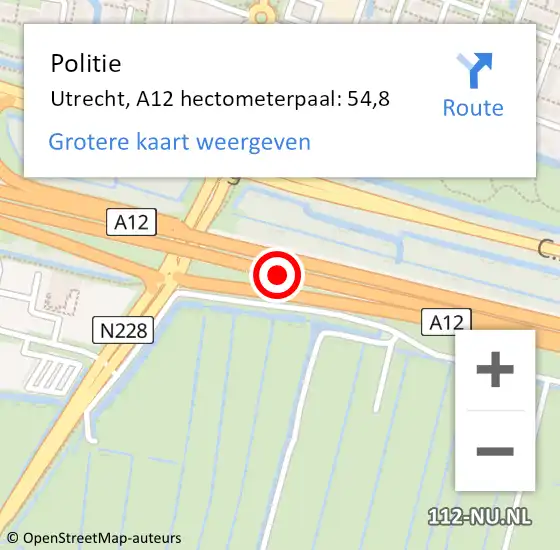 Locatie op kaart van de 112 melding: Politie Utrecht, A12 hectometerpaal: 54,8 op 9 oktober 2023 08:41