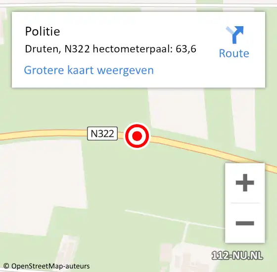 Locatie op kaart van de 112 melding: Politie Druten, N322 hectometerpaal: 63,6 op 9 oktober 2023 08:46