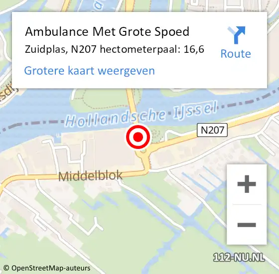 Locatie op kaart van de 112 melding: Ambulance Met Grote Spoed Naar Zuidplas, N207 hectometerpaal: 16,6 op 9 oktober 2023 08:55