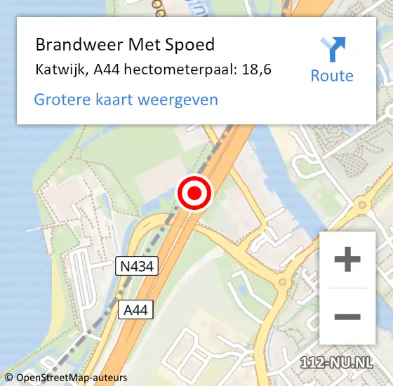 Locatie op kaart van de 112 melding: Brandweer Met Spoed Naar Katwijk, A44 hectometerpaal: 18,6 op 9 oktober 2023 08:56