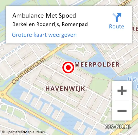 Locatie op kaart van de 112 melding: Ambulance Met Spoed Naar Berkel en Rodenrijs, Romenpad op 9 oktober 2023 09:28