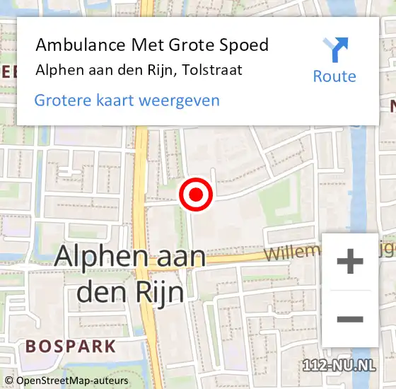 Locatie op kaart van de 112 melding: Ambulance Met Grote Spoed Naar Alphen aan den Rijn, Tolstraat op 9 oktober 2023 11:23