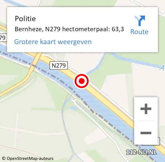 Locatie op kaart van de 112 melding: Politie Bernheze, N279 hectometerpaal: 63,3 op 9 oktober 2023 11:45