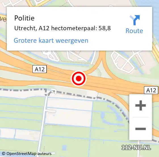Locatie op kaart van de 112 melding: Politie Utrecht, A12 hectometerpaal: 58,8 op 9 oktober 2023 13:47
