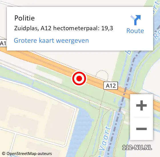 Locatie op kaart van de 112 melding: Politie Zuidplas, A12 hectometerpaal: 19,3 op 9 oktober 2023 15:22