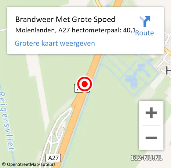 Locatie op kaart van de 112 melding: Brandweer Met Grote Spoed Naar Molenlanden, A27 hectometerpaal: 40,1 op 9 oktober 2023 15:38