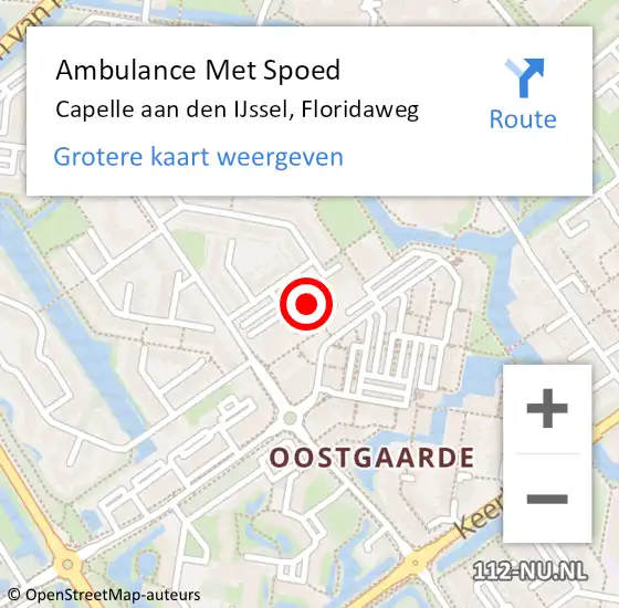 Locatie op kaart van de 112 melding: Ambulance Met Spoed Naar Capelle aan den IJssel, Floridaweg op 9 oktober 2023 18:38