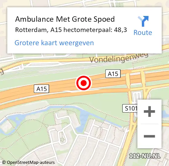 Locatie op kaart van de 112 melding: Ambulance Met Grote Spoed Naar Rotterdam, A15 hectometerpaal: 48,3 op 9 oktober 2023 22:48