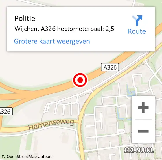 Locatie op kaart van de 112 melding: Politie Wijchen, A326 hectometerpaal: 2,5 op 9 oktober 2023 23:58