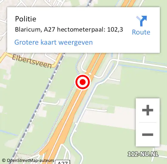 Locatie op kaart van de 112 melding: Politie Blaricum, A27 hectometerpaal: 102,3 op 10 oktober 2023 07:06