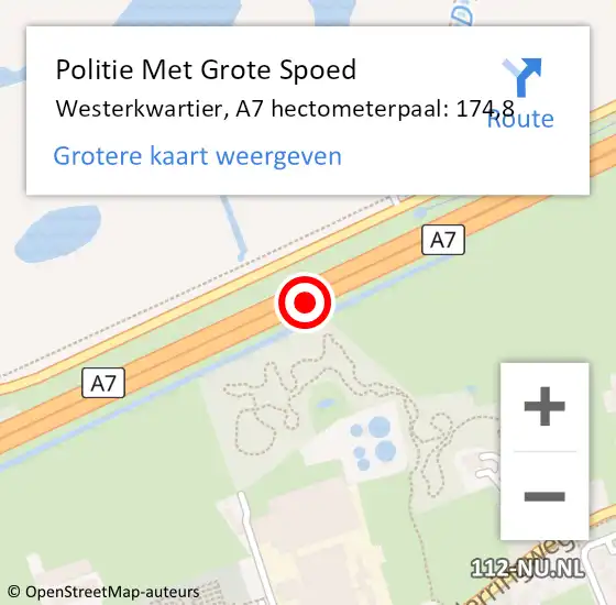 Locatie op kaart van de 112 melding: Politie Met Grote Spoed Naar Westerkwartier, A7 hectometerpaal: 174,8 op 10 oktober 2023 07:38