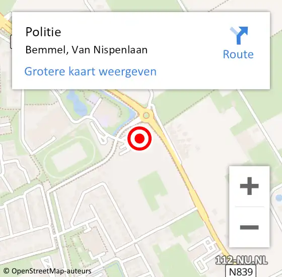 Locatie op kaart van de 112 melding: Politie Bemmel, Van Nispenlaan op 10 oktober 2023 07:52