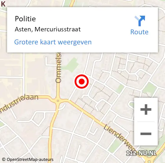 Locatie op kaart van de 112 melding: Politie Asten, Mercuriusstraat op 10 oktober 2023 08:24