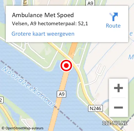 Locatie op kaart van de 112 melding: Ambulance Met Spoed Naar Velsen, A9 hectometerpaal: 52,1 op 10 oktober 2023 08:33