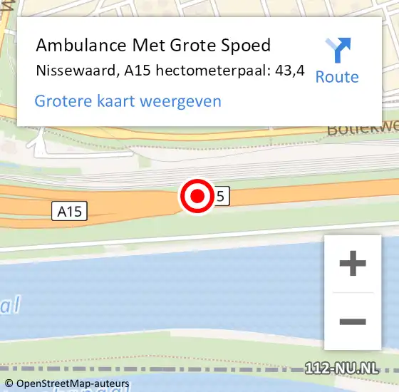 Locatie op kaart van de 112 melding: Ambulance Met Grote Spoed Naar Nissewaard, A15 hectometerpaal: 43,4 op 10 oktober 2023 11:36