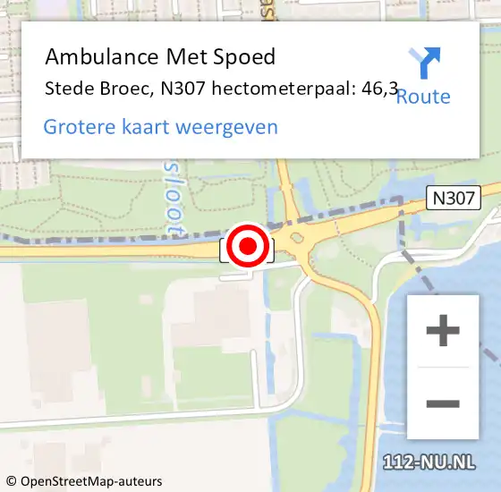 Locatie op kaart van de 112 melding: Ambulance Met Spoed Naar Stede Broec, N307 hectometerpaal: 46,3 op 10 oktober 2023 12:40