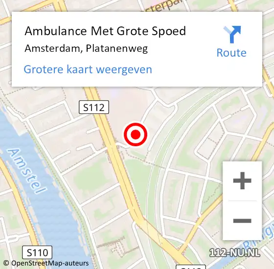 Locatie op kaart van de 112 melding: Ambulance Met Grote Spoed Naar Amsterdam, Platanenweg op 10 oktober 2023 15:17