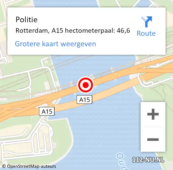 Locatie op kaart van de 112 melding: Politie Rotterdam, A15 hectometerpaal: 46,6 op 10 oktober 2023 15:31