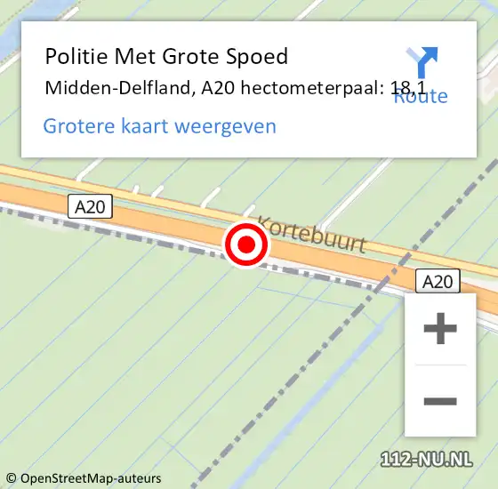 Locatie op kaart van de 112 melding: Politie Met Grote Spoed Naar Midden-Delfland, A20 hectometerpaal: 18,1 op 10 oktober 2023 15:53