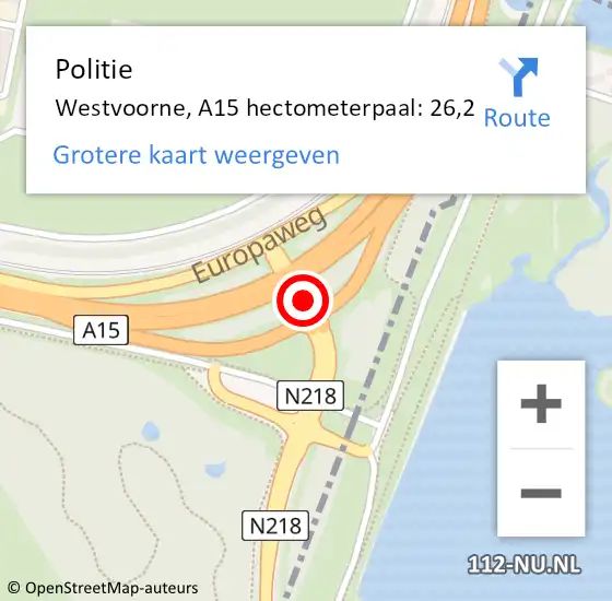 Locatie op kaart van de 112 melding: Politie Westvoorne, A15 hectometerpaal: 26,2 op 10 oktober 2023 16:11