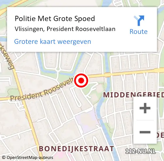 Locatie op kaart van de 112 melding: Politie Met Grote Spoed Naar Vlissingen, President Rooseveltlaan op 10 oktober 2023 16:24