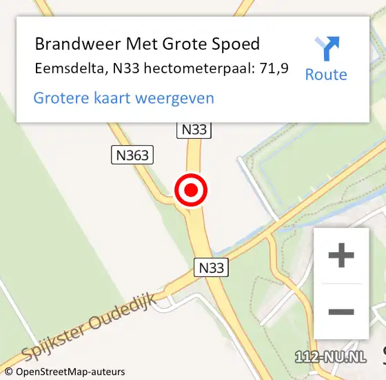 Locatie op kaart van de 112 melding: Brandweer Met Grote Spoed Naar Eemsdelta, N33 hectometerpaal: 71,9 op 10 oktober 2023 16:38