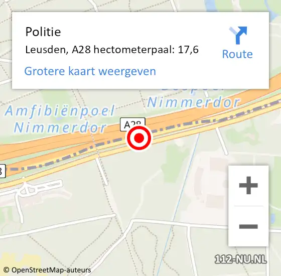 Locatie op kaart van de 112 melding: Politie Leusden, A28 hectometerpaal: 17,6 op 10 oktober 2023 16:55