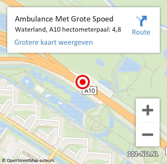 Locatie op kaart van de 112 melding: Ambulance Met Grote Spoed Naar Waterland, A10 hectometerpaal: 4,8 op 10 oktober 2023 17:04