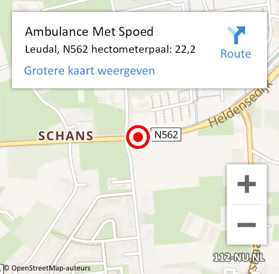 Locatie op kaart van de 112 melding: Ambulance Met Spoed Naar Leudal, N562 hectometerpaal: 22,2 op 10 oktober 2023 17:07
