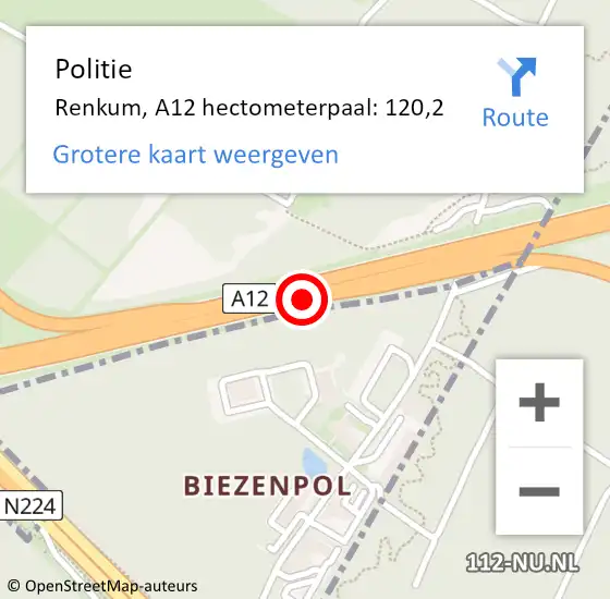 Locatie op kaart van de 112 melding: Politie Renkum, A12 hectometerpaal: 120,2 op 10 oktober 2023 17:29