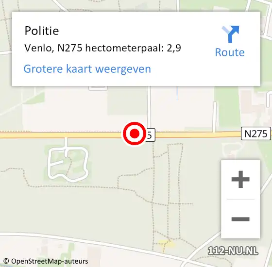 Locatie op kaart van de 112 melding: Politie Venlo, N275 hectometerpaal: 2,9 op 10 oktober 2023 19:09