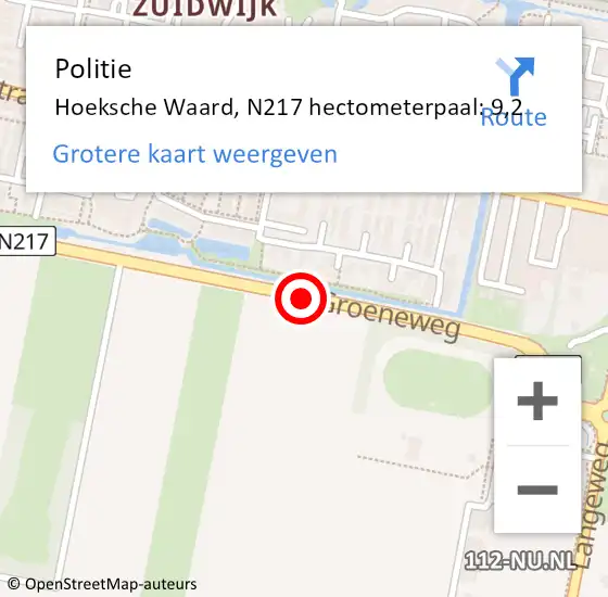 Locatie op kaart van de 112 melding: Politie Hoeksche Waard, N217 hectometerpaal: 9,2 op 10 oktober 2023 20:05